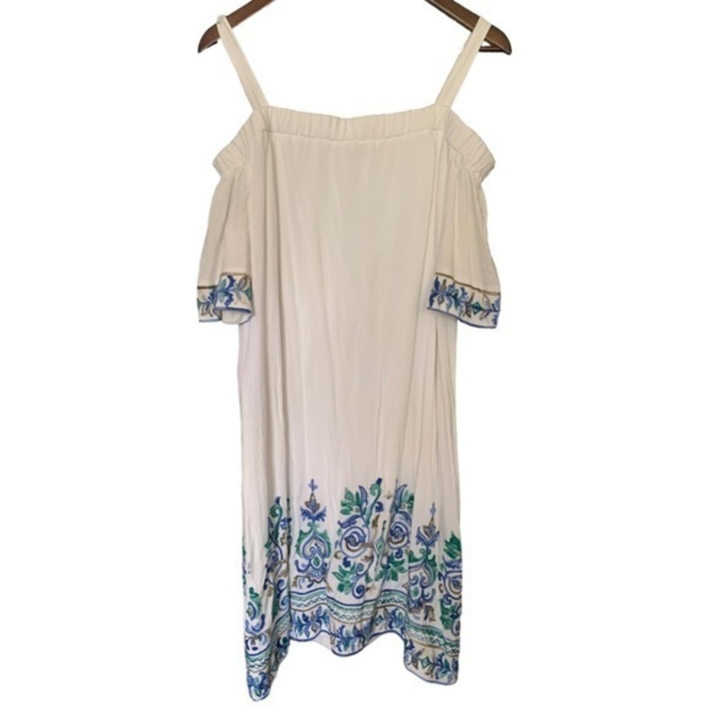 New Sandra Darren White Dress W/ Blue Embroidery Size 14 Off The Shoulder Shift